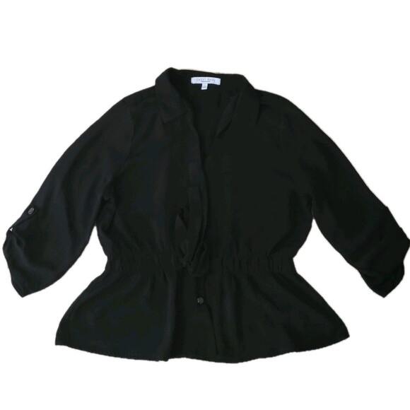 Sweet Rain Blouse Womens L Black 3/4 Sleeve Button Front Cinched Tie Waist Top - Picture 1 of 11